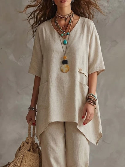 Casual Linen And Cotton Two-piece Top And Pants Set