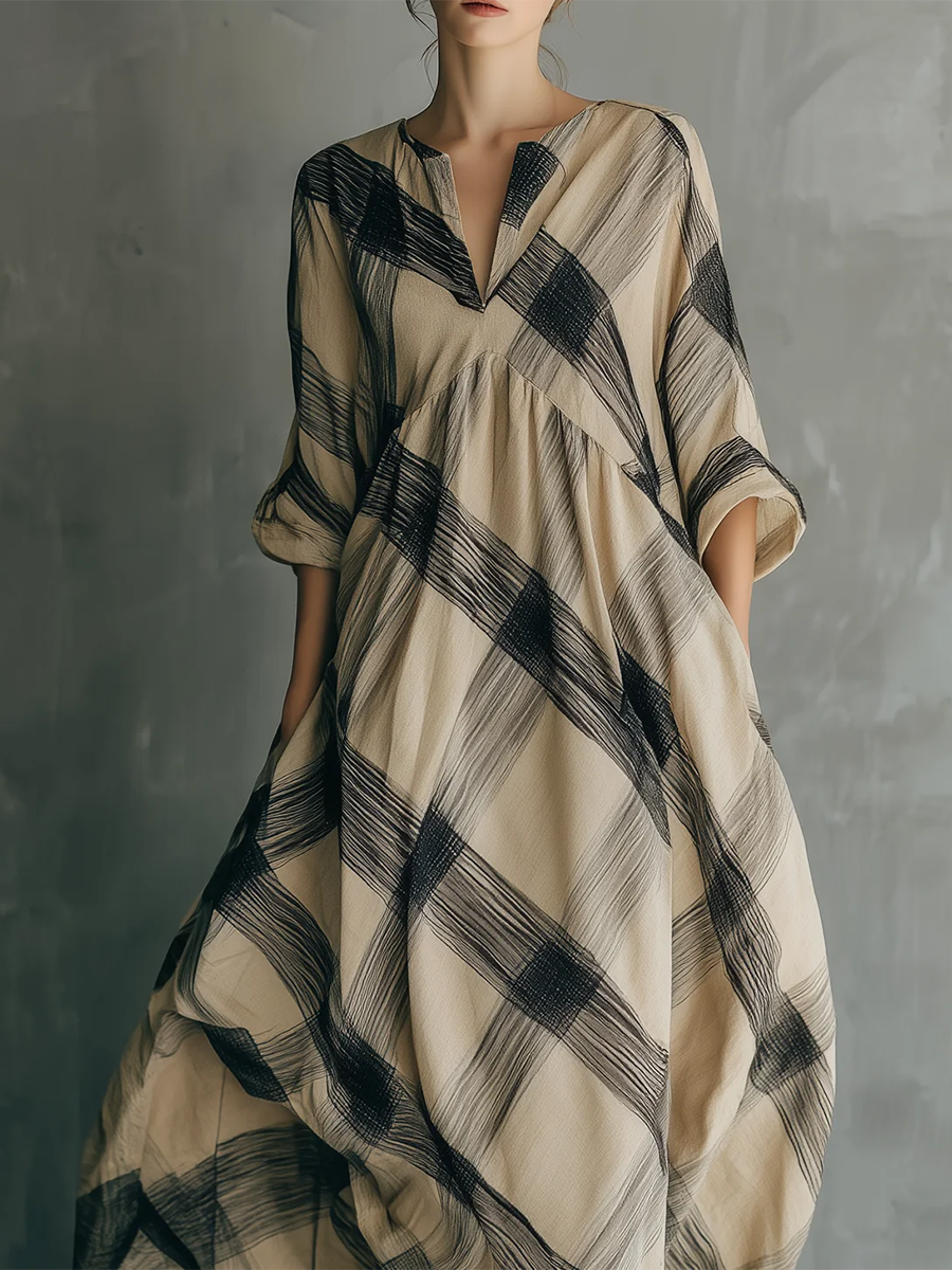 Artistic Brushstroke Print Loose Cotton-linen Dress