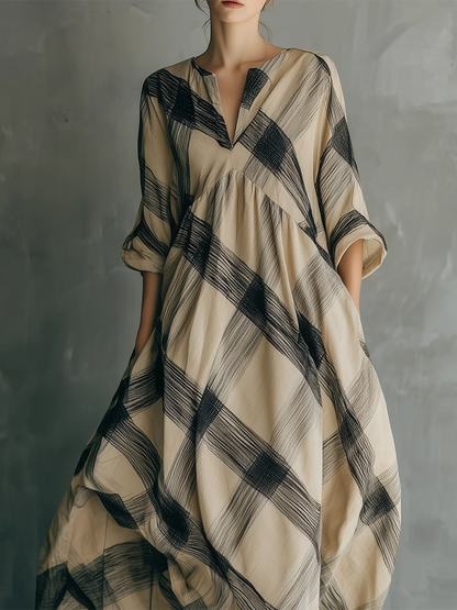 Artistic Brushstroke Print Loose Cotton-linen Dress