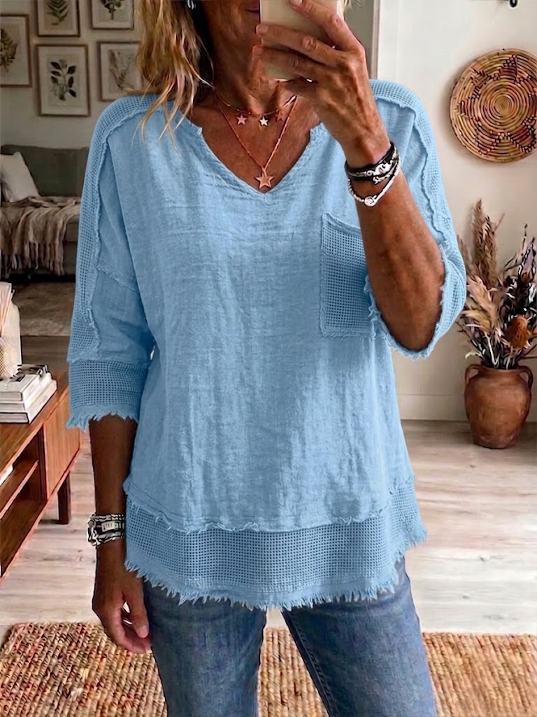 Casual Color-block Plaid Linen-blend Top