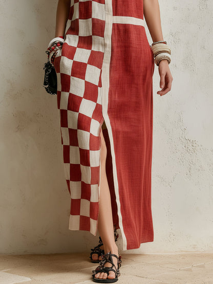 Color-block Checkerboard Patchwork Short-sleeve Shirt Dress With Stand Collar And Button-front