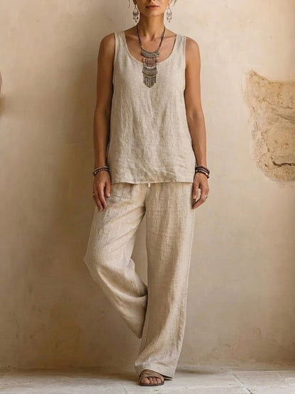 A Three-piece Set Featuring A Casual Cotton-linen Blend Cardigan, Trousers, And A Tank Top.