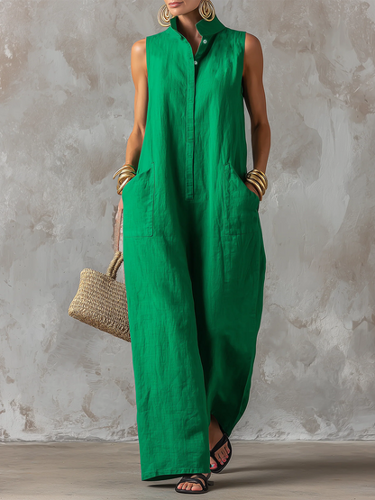 Minimalist & Elegant Stand-collar Sleeveless Cotton-linen Wide-leg Jumpsuit