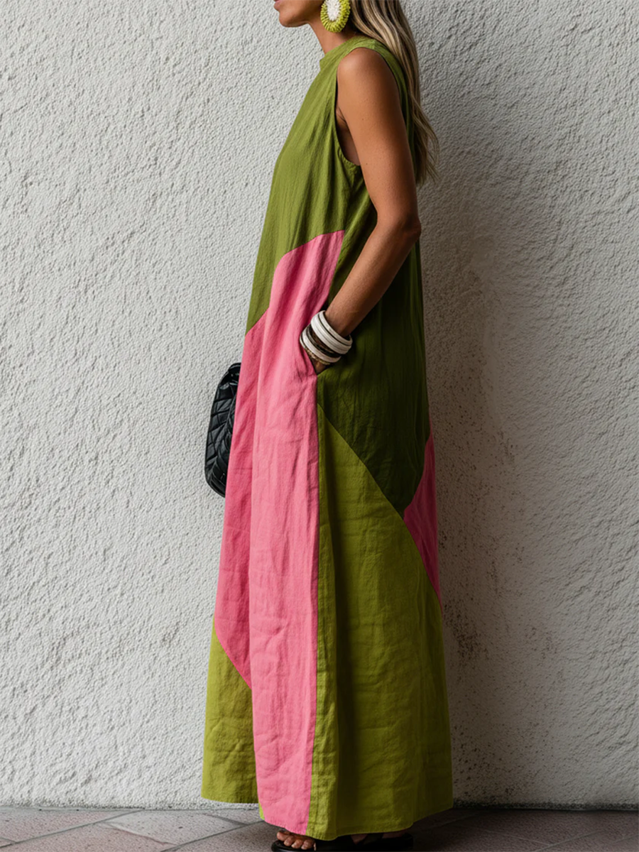 Stylish Casual Color-block Sleeveless Cotton Dress