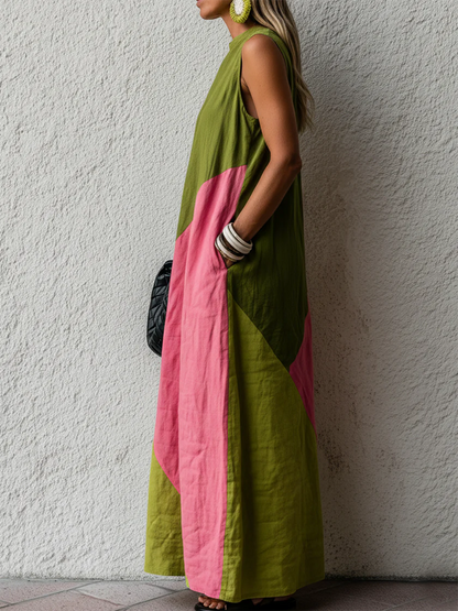 Stylish Casual Color-block Sleeveless Cotton Dress