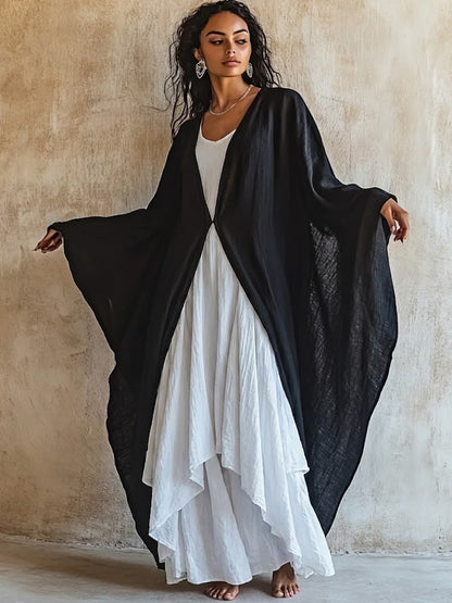 Loose And Comfortable Linen-cotton Two-piece Set: Cardigan And Sleeveless Dress