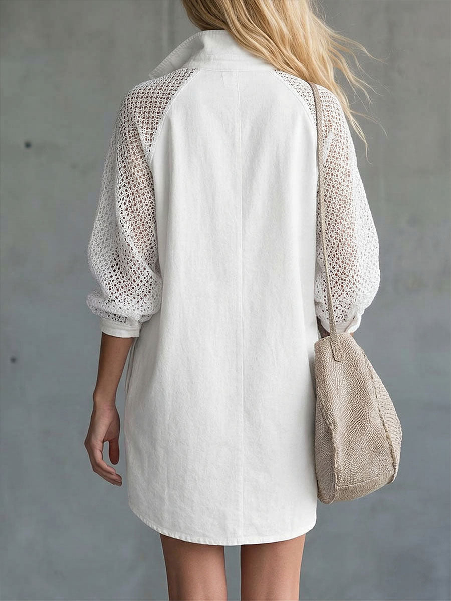 Women's Solid-color Stand-collar Long-sleeve Casual Loose-fit Cotton Dress