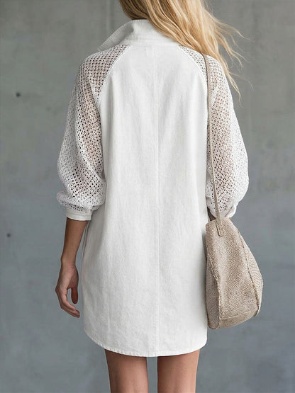 Women's Solid-color Stand-collar Long-sleeve Casual Loose-fit Cotton Dress