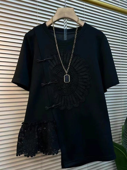 Stylish Casual Spliced lace Cotton T-shirt