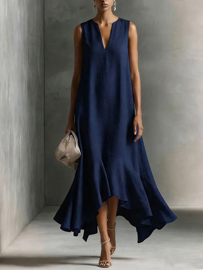 Women's Cotton-linen Deep V-neck And Asymmetrical Hem Elegant Slimming Sleeveless Dress