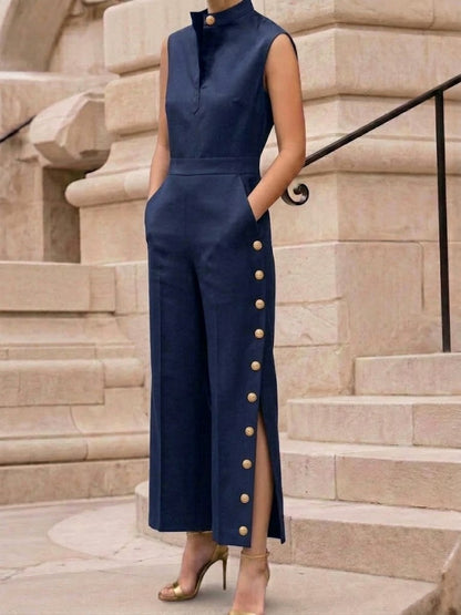 Stylish And Elegant Linen-cotton Jumpsuit With Side Buttons