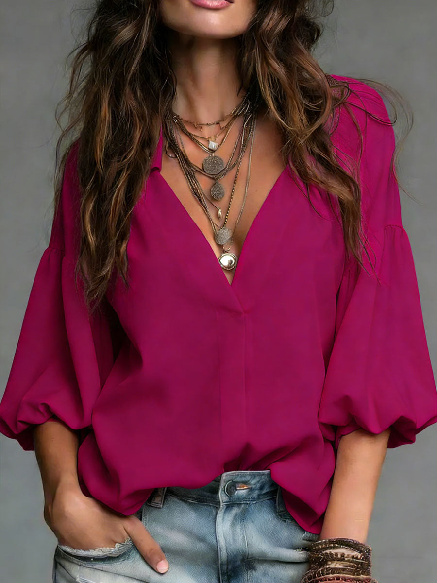 Women's Cozy Minimalist Solid-color V-neck 100% Cotton Shirt