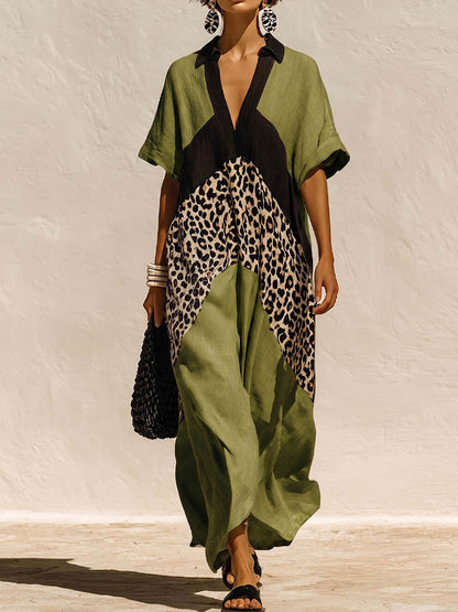 Women's Casual Loose Cotton-linen Dress With V-neck Short Sleeves And Placement Print