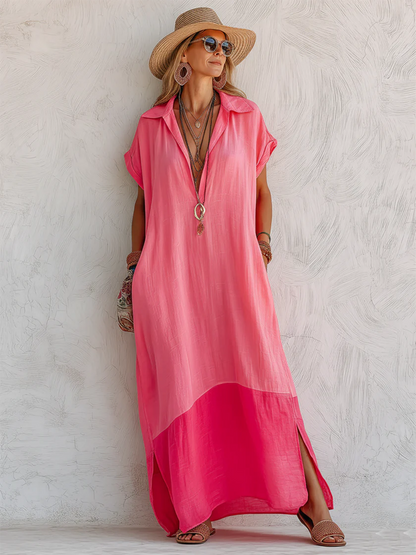 Stylish Casual Color-block Cotton-linen Dress With Polo Collar
