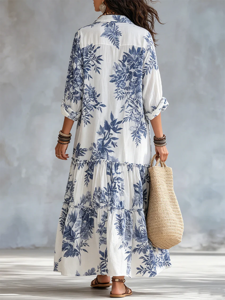 Retro Boho Blue Floral Print Cotton Dress
