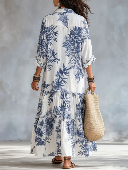 Retro Boho Blue Floral Print Cotton Dress
