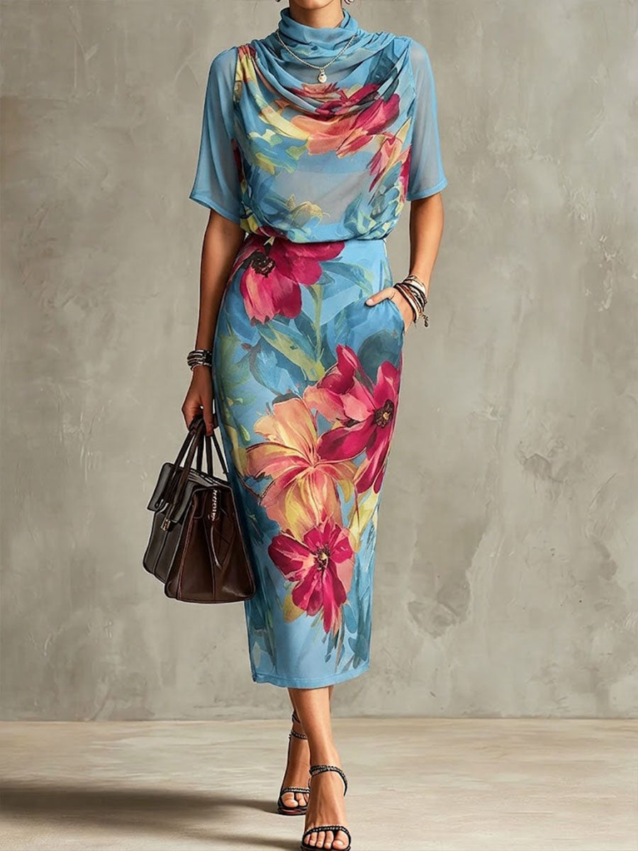 Women's Retro Abstract Print Cowl Neck Short-sleeve Loose Chiffon Top & High-waisted Pencil Skirt Set