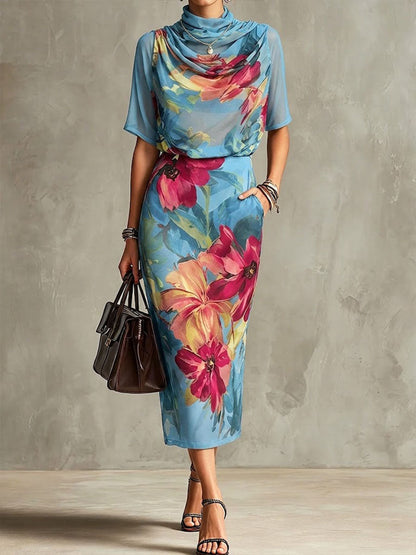 Women's Retro Abstract Print Cowl Neck Short-sleeve Loose Chiffon Top & High-waisted Pencil Skirt Set