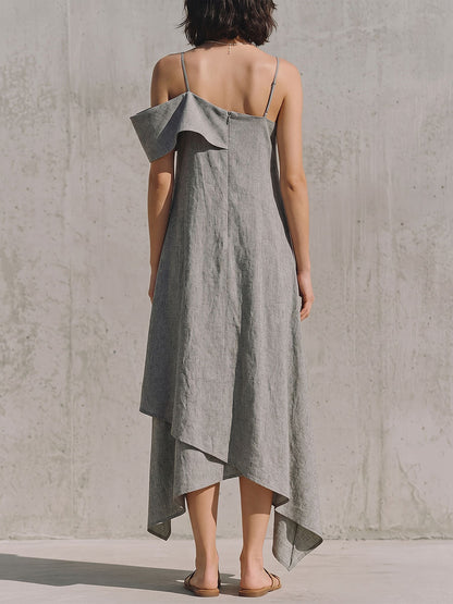 Women's Solid-color Casual Loose Cotton-linen Strappy Dress