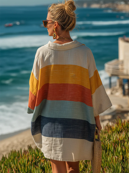 Cozy Colorful Striped Polo Collar Cotton-linen Mini Dress