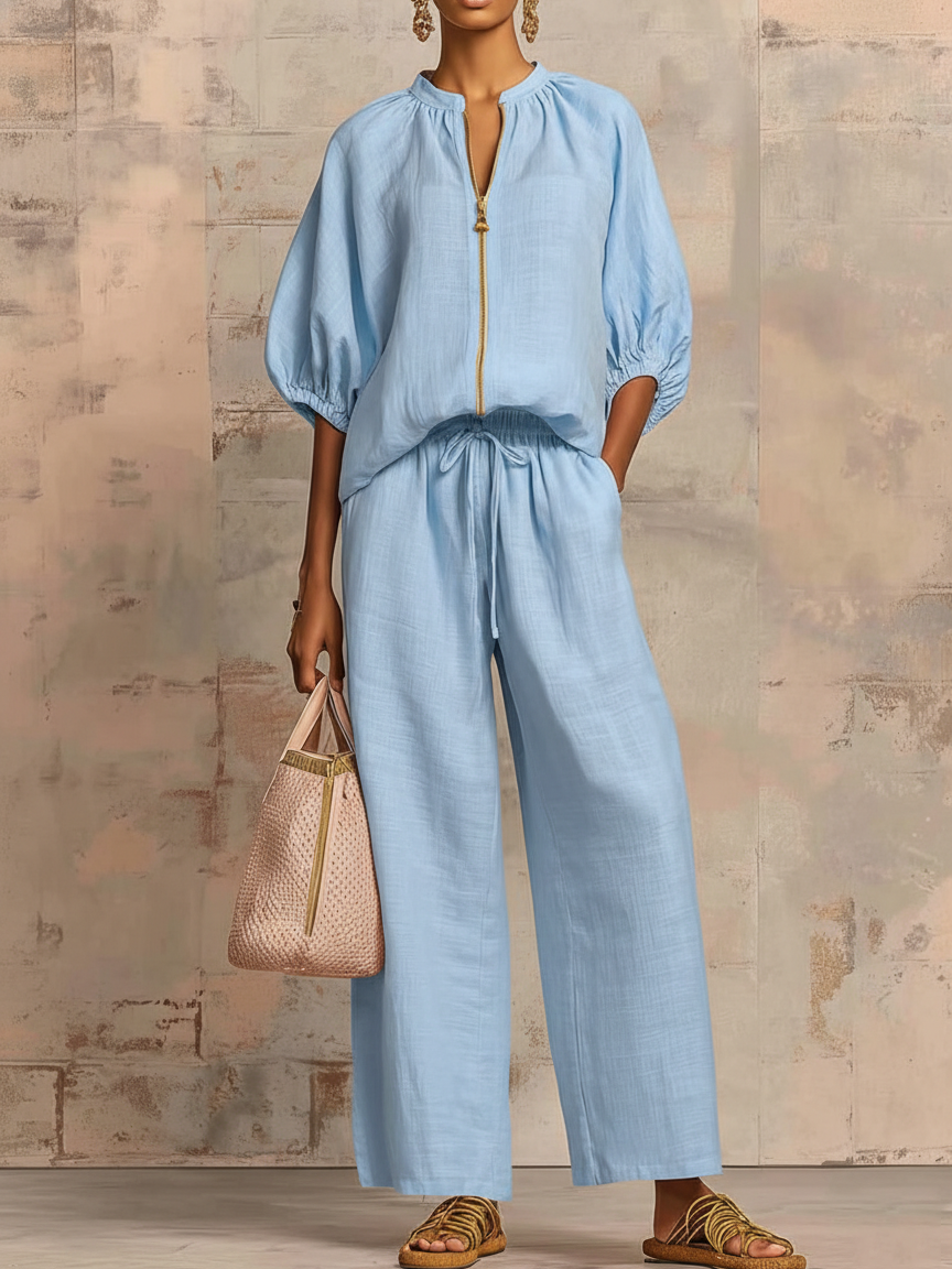 Stylish Cozy Shirt &amp; Wide-Leg Pants Linen Cotton Two-Piece Set