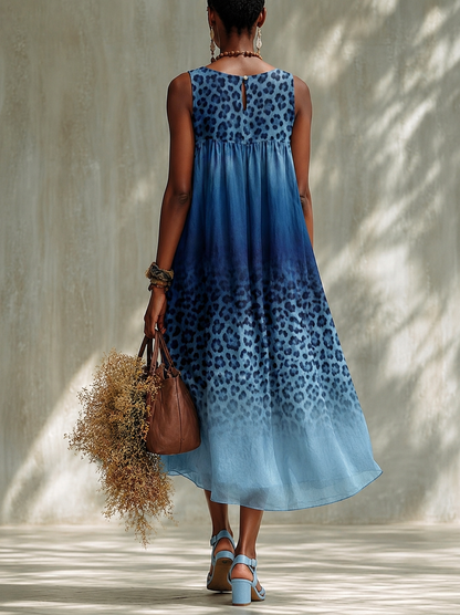 Sleeveless, Gathered, Midi-length Cotton-linen Dress With A Gradient Leopard Print.
