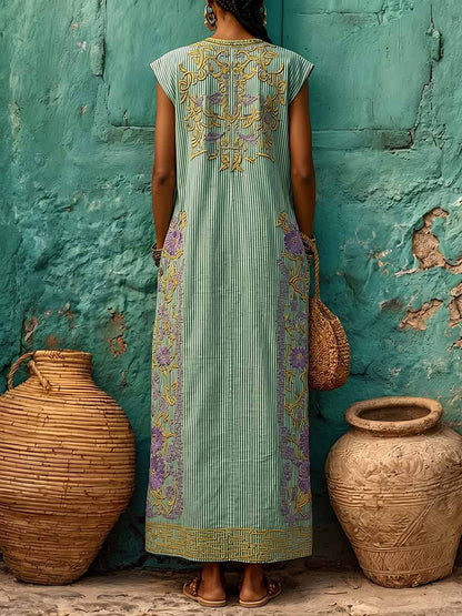 Women's Casual Loose Cotton-linen Dress — V-neck Sleeveless With Placement Print