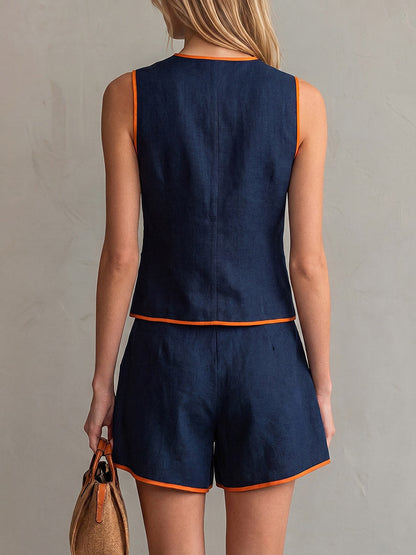 Women's Solid-color Set: Round-neck Sleeveless Loose-fit Cotton-linen Cardigan Top & High-waisted Wide-leg Shorts