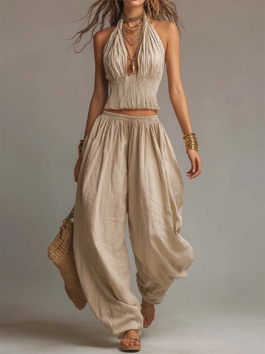 Sexy Boho Halter Top & Wide-leg Pants Two-piece Set
