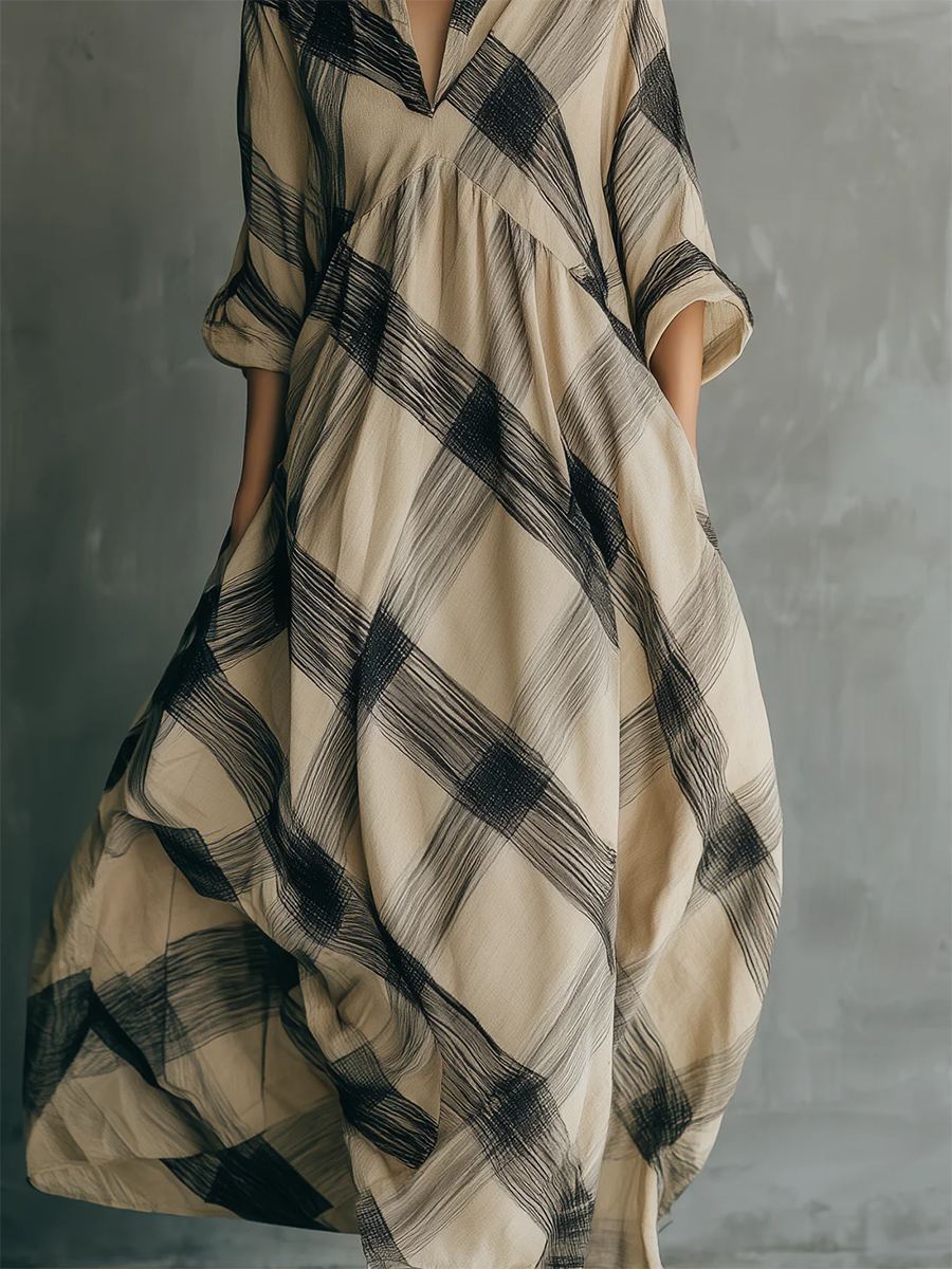 Artistic Brushstroke Print Loose Cotton-linen Dress