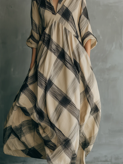 Artistic Brushstroke Print Loose Cotton-linen Dress