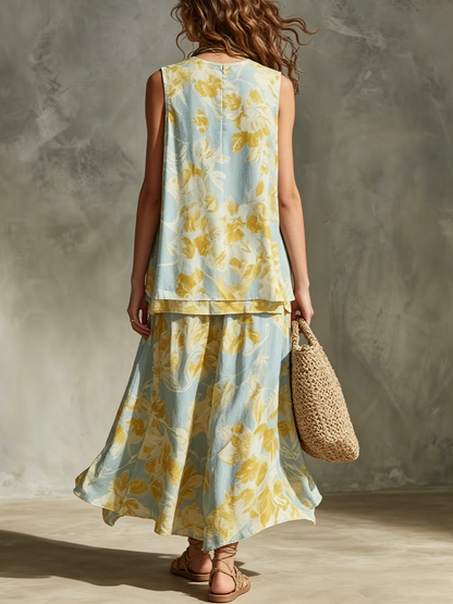 Floral Print Sleeveless Top & Wide-leg Pants Set