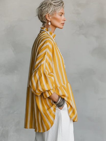Loose-fit Casual Striped Linen And Cotton Shirt
