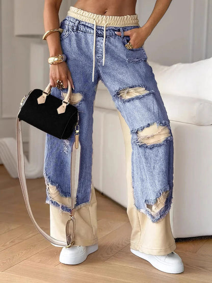 Women's Splicing Loose-fitting Wide-leg Denim Jeans