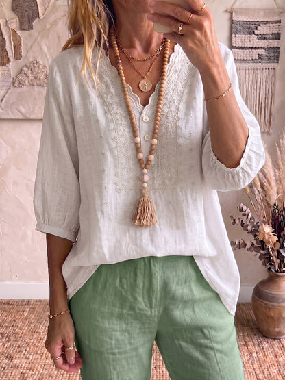 Retro Wavy V-neck Embroidered Cotton-linen Blouse