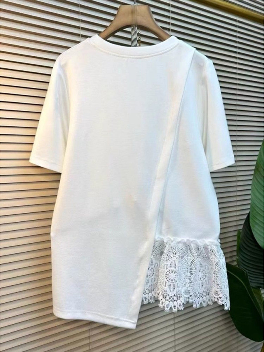 Stylish Casual Spliced lace Cotton T-shirt