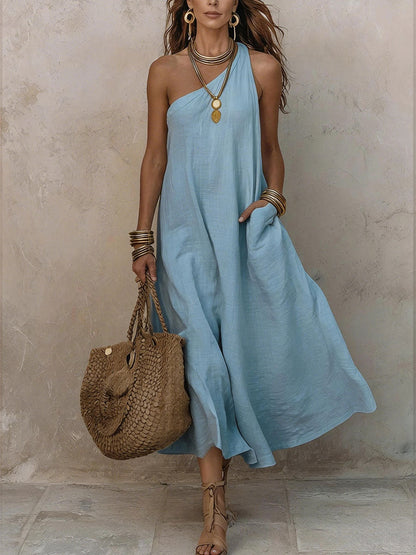 Women's Solid-color One-shoulder Retro-style Sleeveless Vacation Dress