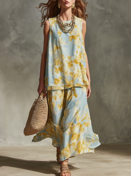 Floral Print Sleeveless Top & Wide-leg Pants Set