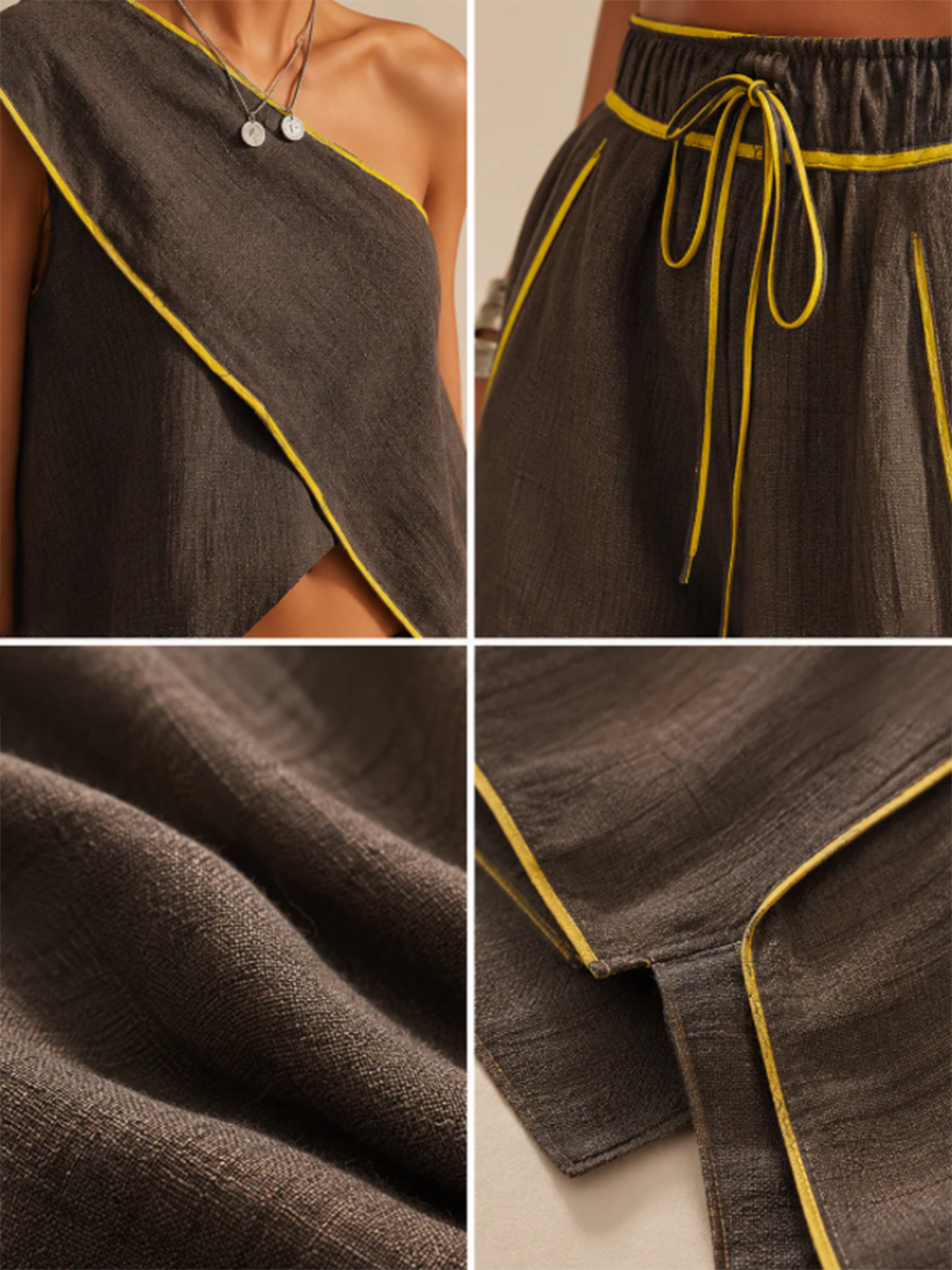 Modern Streetwear — Irregular-design Piped Cotton-linen Two-piece Set