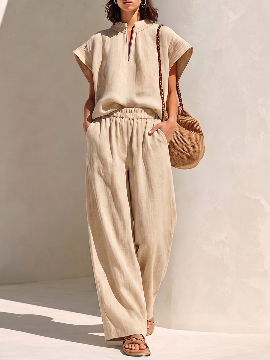 Minimalist Stand-collar Zip-up Top & Wide-leg Pants Two-piece Set