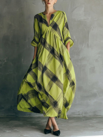 Artistic Brushstroke Print Loose Cotton-linen Dress