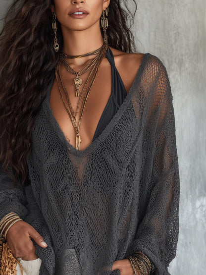 Women's Large V-neck Hollow-out Knitted Top