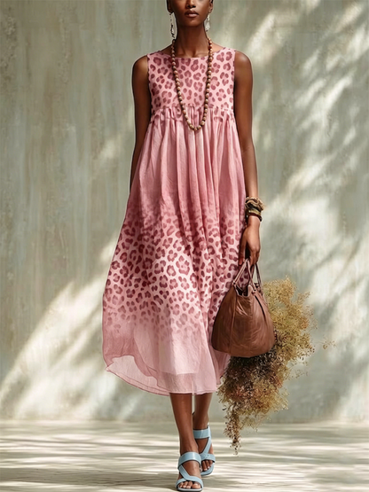 Sleeveless, Gathered, Midi-length Cotton-linen Dress With A Gradient Leopard Print.
