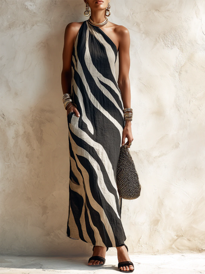 Effortless Elegance-Zebra Print Halter Maxi Dress