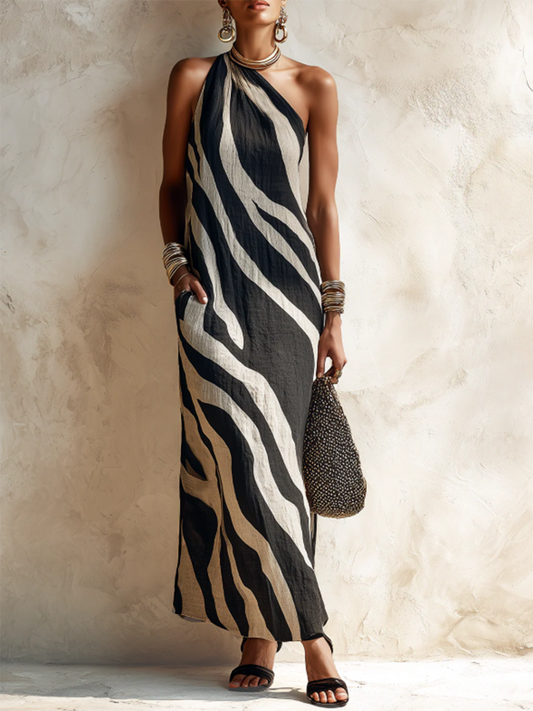 Effortless Elegance-Zebra Print Halter Maxi Dress
