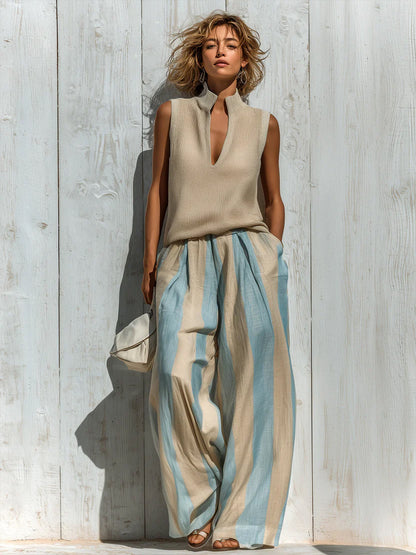 Casual And Cozy Two-piece Set: Knitted Cotton Top And Striped Linen-cotton Trousers