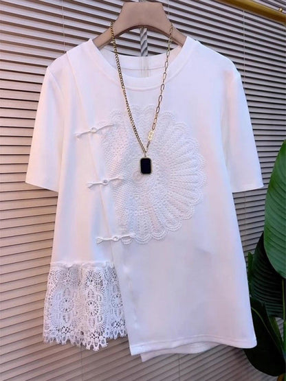 Stylish Casual Spliced lace Cotton T-shirt