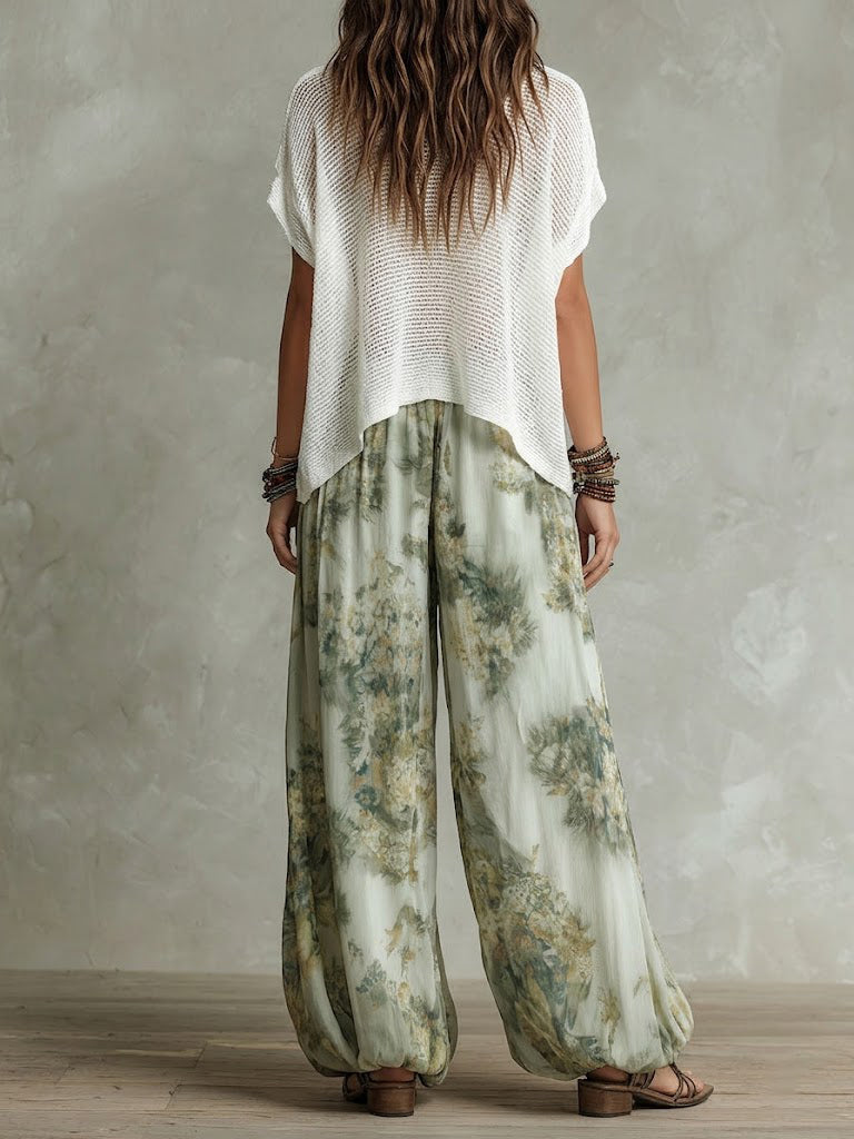 White Crochet Knit Crop Top & Light Green Ink Floral Print Elastic Waist Lantern Pants Set
