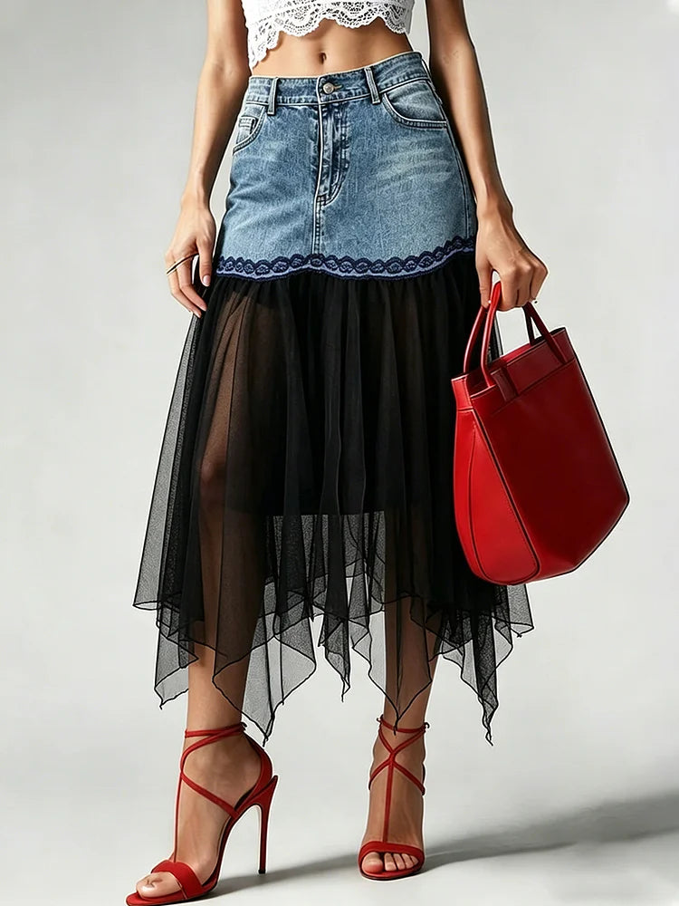 Stylish Casual Spliced mesh Denim Skirt