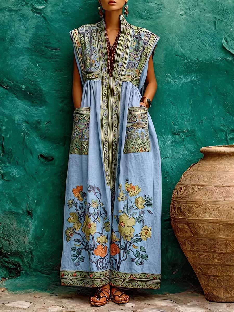 Women's Casual Loose Cotton-linen Dress With Placement Print Stand Collar And Sleeveless Design